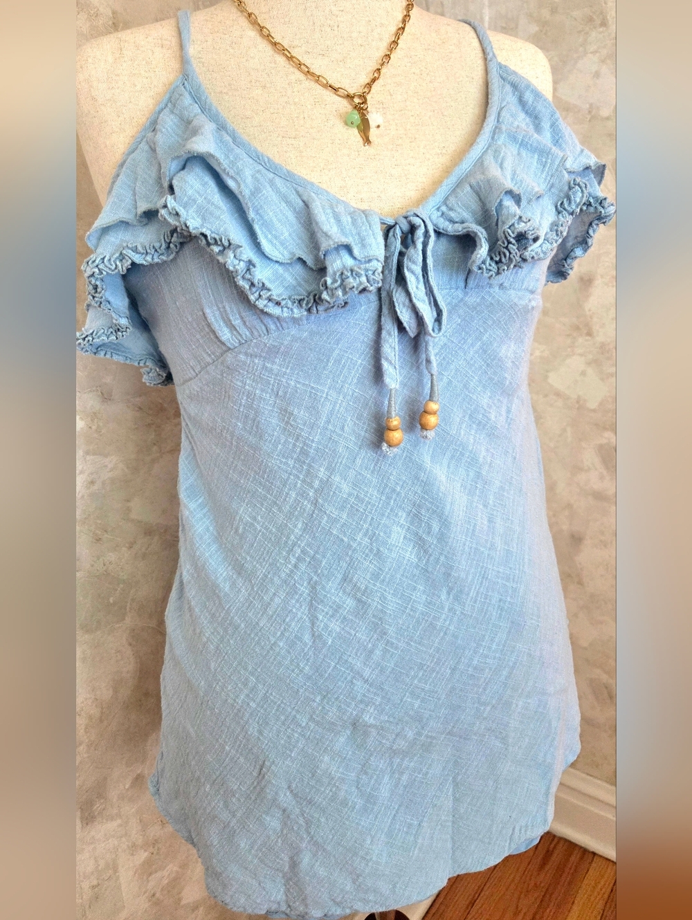 Free People Gauze Ruffle Tie Top Blue Boho Beach Cover Up Large